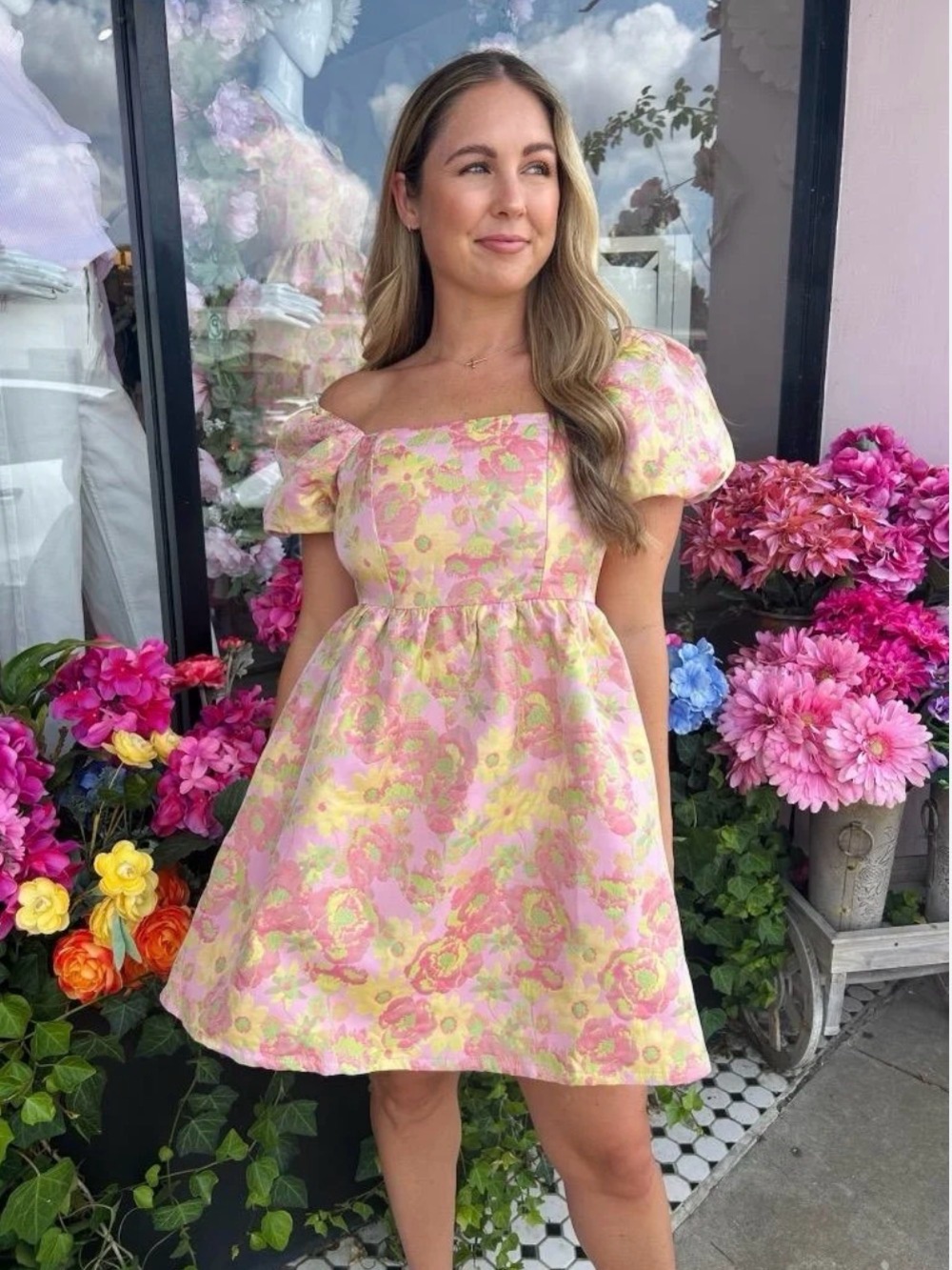 TCEC Pink and Yellow Floral Puff Sleeve Babydoll Dress